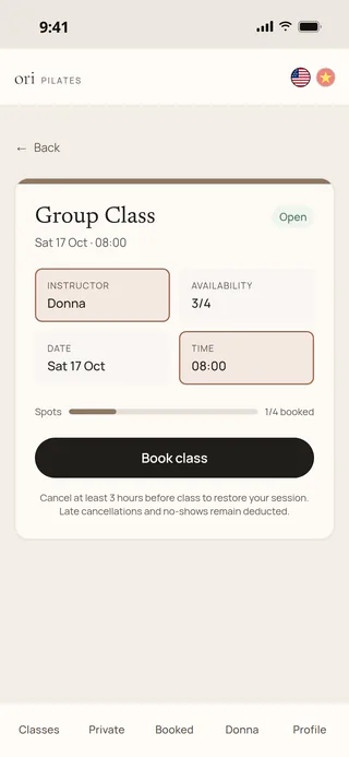 Ori app class details showing instructor, time and the Book class button