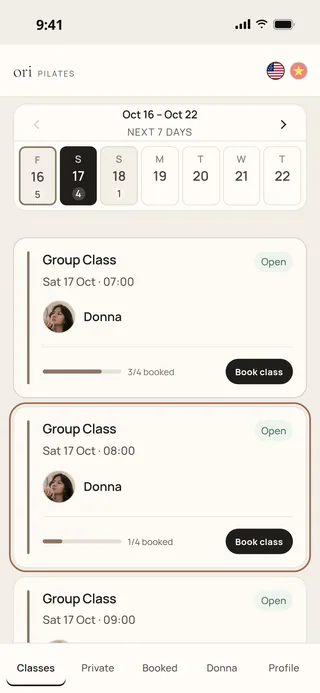 Ori app class list with a day picker and class cards showing time and coach