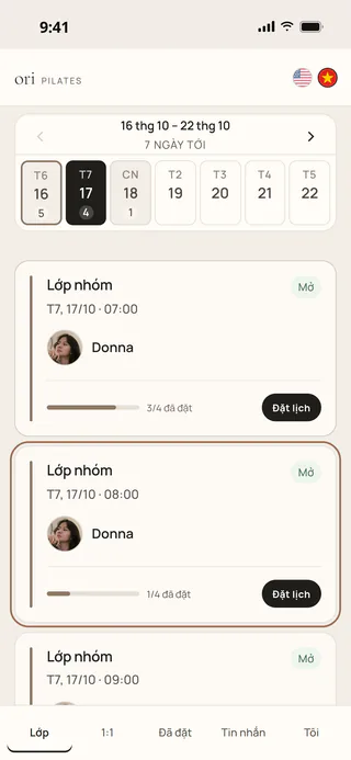 Danh sách lớp trong app Ori với lịch chọn ngày và thẻ lớp ghi giờ học, huấn luyện viên