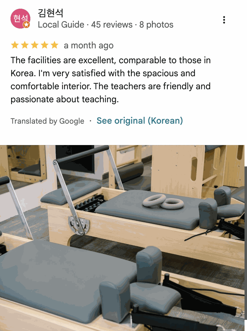 Google review screenshot for Ori Pilates showing a five-star member review