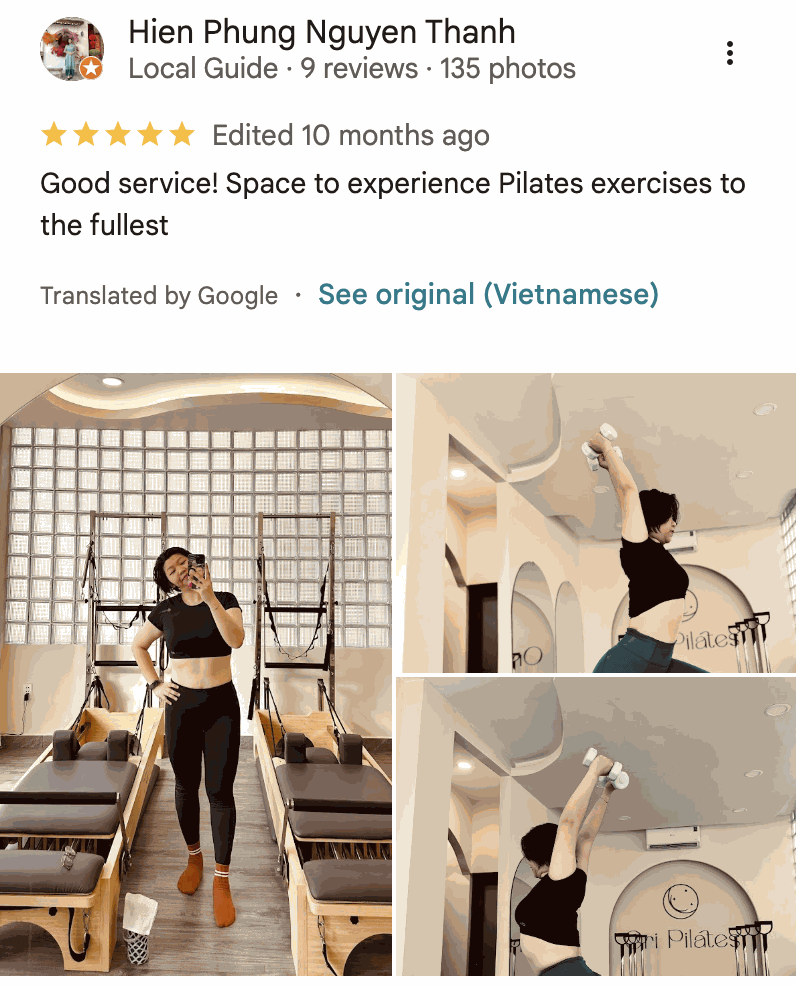 Google review screenshot for Ori Pilates from a member describing their class experience